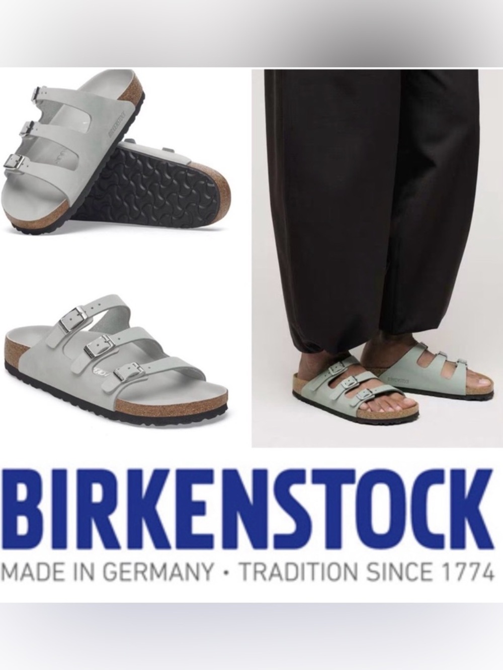 NWT, NWOB Birkenstock Florida Nubuck Leather 3-Strap in Pure Sage